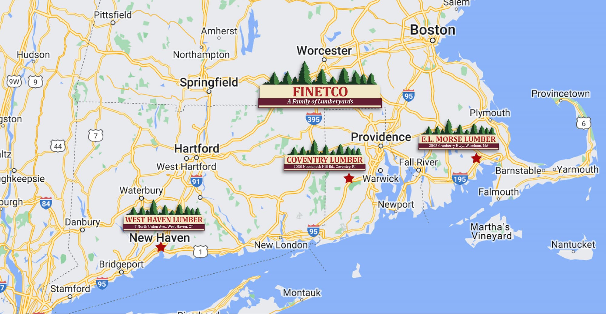 Finetco Map of locations in New England